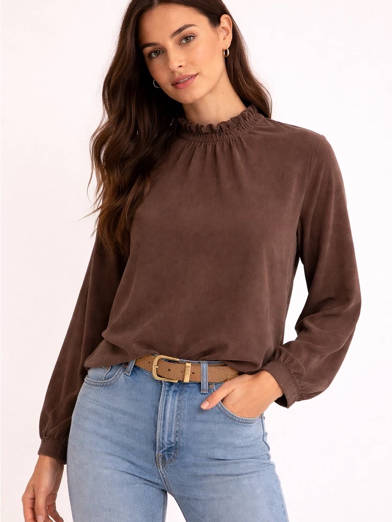 Cloth & Stone Brown Ruffle Mock Neck Long-Sleeve Blouse
